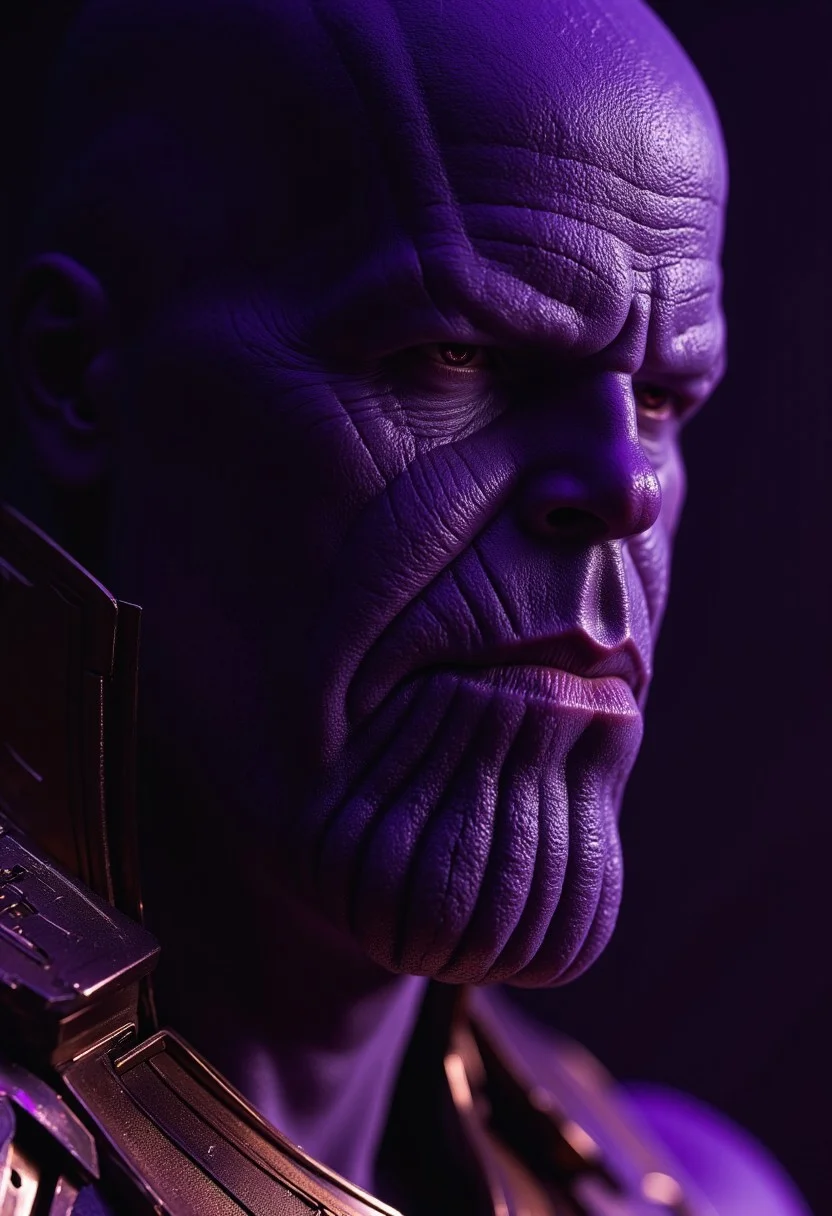 Dramatic profile portrait of Thanos, mature male character.  Deeply wrinkled, aged skin with strong jawline.  Dark, brooding expression, conveying intense emotion and power.  Light-purple, violet, and crimson tones illuminate his features, highlighting texture and depth.  High-contrast lighting creates a dramatic effect, emphasizing the character's form and silhouette.  Medium-shot profile, showcasing upper body and head.  Detailed depiction of the character's highly textured, rugged skin and intricate details, including fine lines around the eyes and mouth.  Dark, bold color palette conveys a sense of darkness and evil.  Costume elements:  Dark violet and crimson armor, showcasing intricate details and texture.  High definition, photorealistic style focusing on realistic skin tone, deep shadows, and lighting effects.  Character exudes powerful and dangerous aura.  Atmospheric,  depicting a serious, dramatic mood.  Dramatic, serious, ominous.  Superhero style, fictional character.