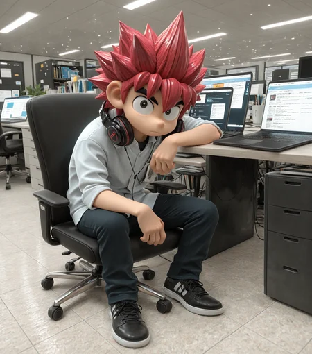 masterpiece, best quality, amazing quality, <lora:Ore_Tomba_v5:0.6> 1boy, solo, male focus, spiked hair, full body, red hair, looking at viewer, Software Developer, casual wear, headphones, laptop, (office, interior:1.1), masterpiece, best quality, amazing quality