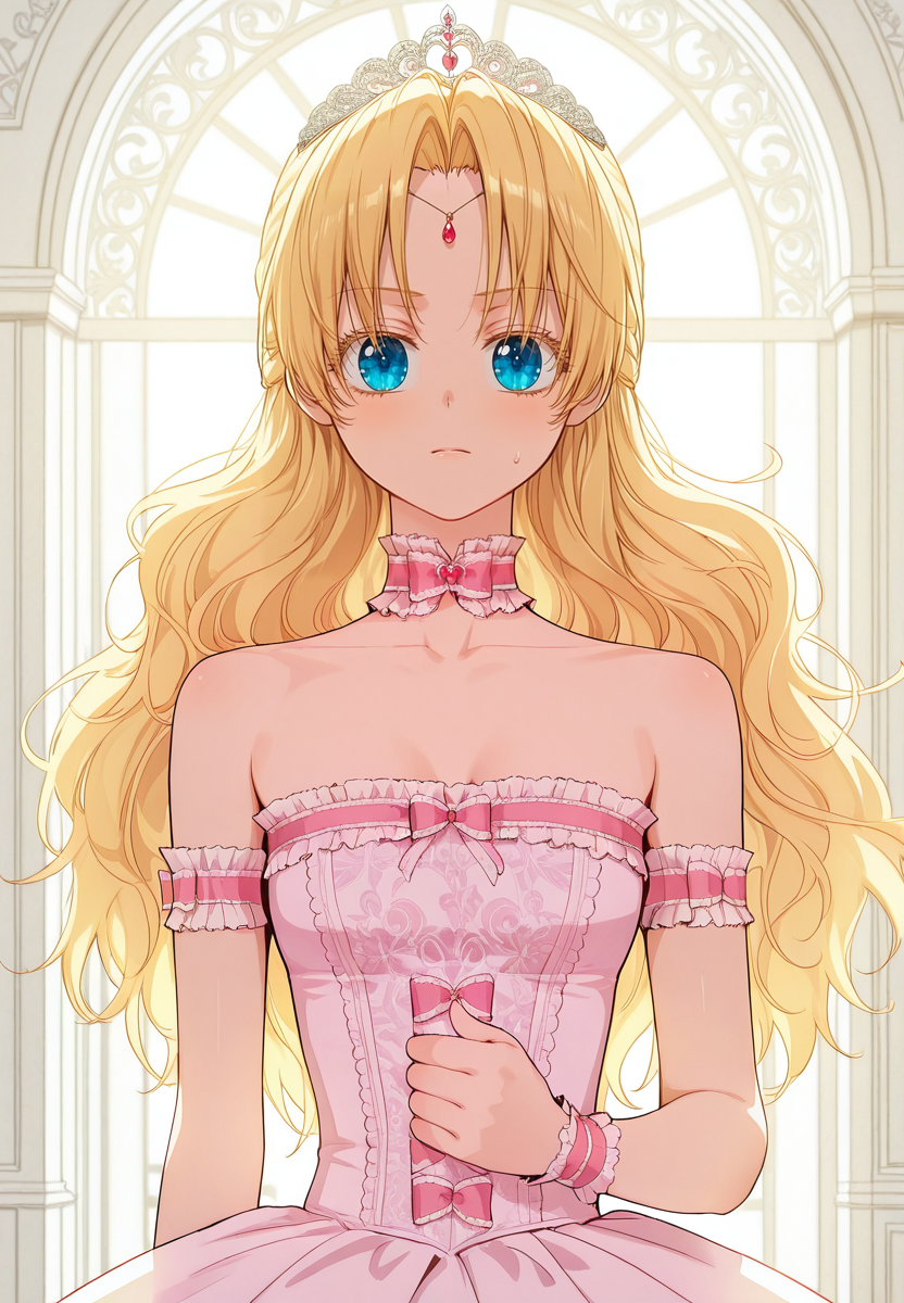 zPDXL3, score_9_up, score_8_up, score_7_up, ,Masterpiece,(perfect female body:1.2), small waist, (incredibly detailed:1.4), beautiful fingers, (small breasts)  looking at viewer,  <lora:Athanasia_-_Who_Made_Me_a_Princess-Kaleid_Illustrious:1> athanasia, 1girl, blue eyes, blonde hair, long hair, parted bangs, yellow eyelashes, forehead jewel, pink choker, tiara, frills, pink dress,