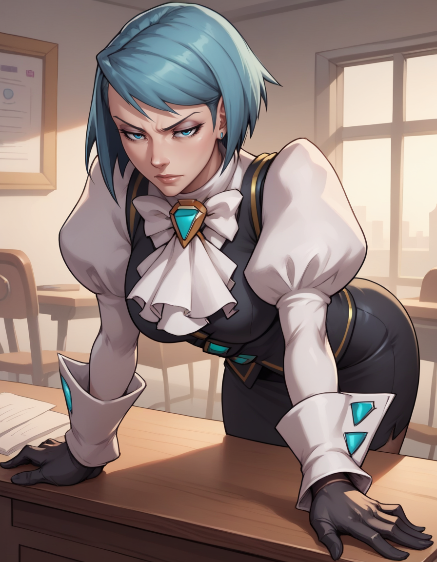 score_9, score_8_up, score_7_up,     
1girl, solo,
large breasts,
fvonkarmadg,
short hair, blue hair, blue eyes, makeup,
miniskirt, puffy sleeves, pencil skirt, gloves,ascot, black vest,
leaning forward, desk, bent over, 
half-closed eyes, 
indoors,  office, sunset,
 <lora:FvonKarmaDG PXL v01-000002:1>