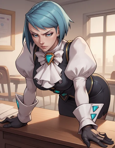 score_9, score_8_up, score_7_up,     
1girl, solo,
large breasts,
fvonkarmadg,
short hair, blue hair, blue eyes, makeup,
miniskirt, puffy sleeves, pencil skirt, gloves,ascot, black vest,
leaning forward, desk, bent over, 
half-closed eyes, 
indoors,  office, sunset,
 <lora:FvonKarmaDG PXL v01-000002:1>