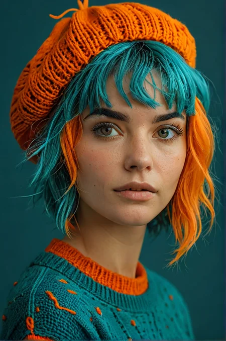 minimalist photo of a 25-year-old woman with (teal hair:1.2) in a messy bob haircut wearing an orange beret and an orange knitted jumper, slightly tussled hair, natural skin, realistic skin texture, skin pores, (skin oils:0.6), (teal background:1.2), photorealistic, hyperrealism, <lora:- SDXL - vanta-black_contrast_V3.0:0.6> <lora:MJ52:0.2>