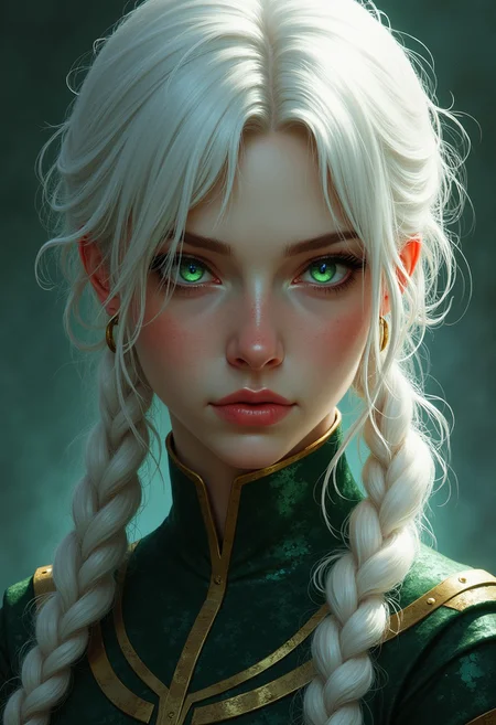 D&D style female portrait, fantasy, by Edward Julius Detmold, digital art, In a world where woman have come to life, the iconic portrait of one has been brought to life. The portrait is made entirely out of shimmering acrylics, with intricate patterns. Her eyes, once dark, in focus, Sci-Fi, detailed face, frieren, white hair, twintails, gorgeous lighting, light glow green eyes,
