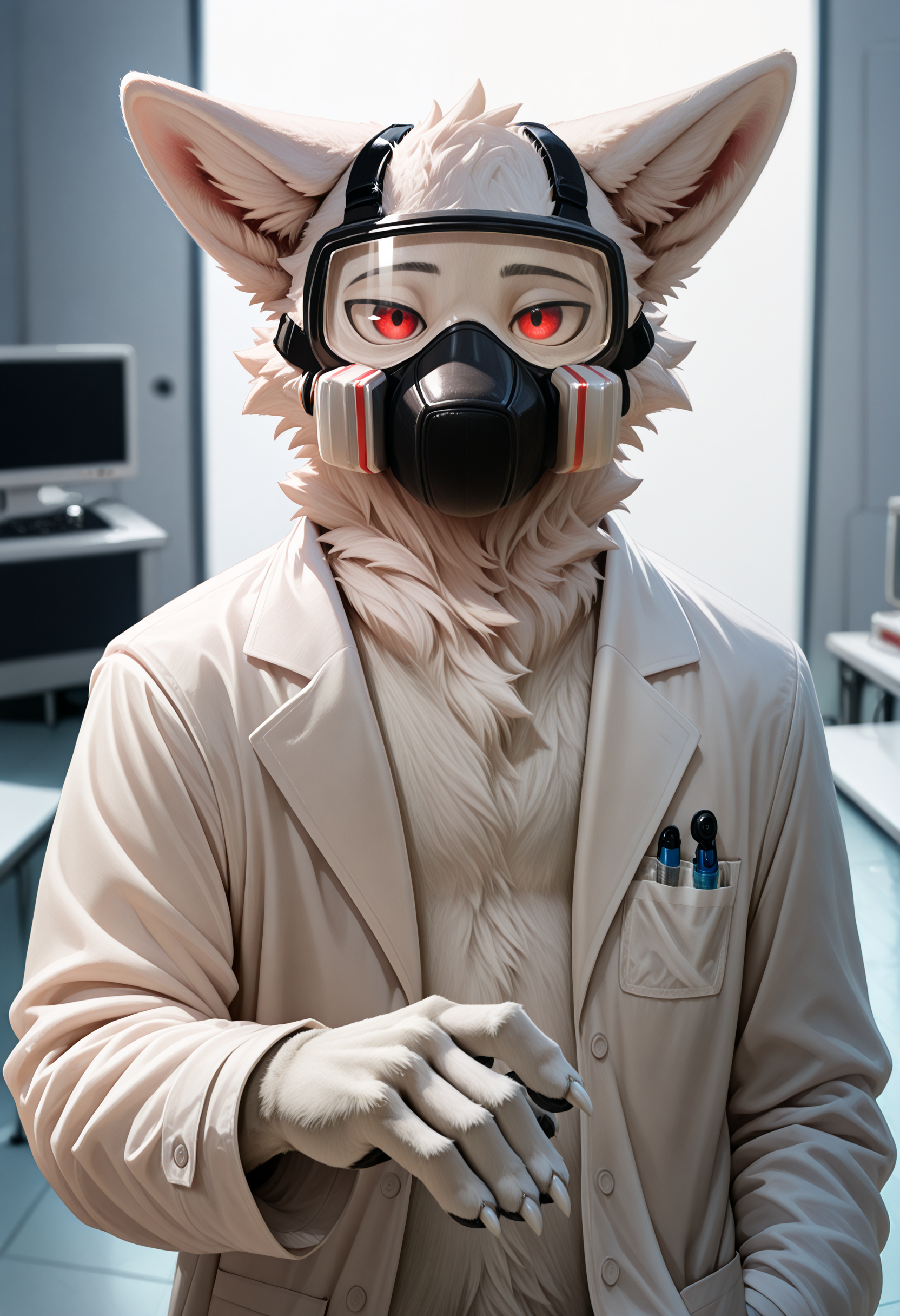 photorealism, photorealistic, hi res, depth of field, detailed background, blurry background, (detailed body:1.2), sinfully stylish, dramatic lighting, soft light, 
dr_k_changed, solo, anthro, 1boy, furry male, red eyes, changed (video game), male focus, lab coat, furry, white claws, clothing, coat, white body, jitome, fur, animal ears, white fur, male, long sleeves, doctor, body fur, wolf ears, wolf boy, splayed ears, mask, goggles, headwear, gas mask, looking at viewer, 
(masterpiece, best quality, very aesthetic, newest, 2024), (artist:syuro:0.8), (artist:nomax:0.5), (artist:honovy:0.6), (artist:kenket:0.6), (artist:taran fiddler:0.6),  <lora:2.5DRealisticV2:0.45> <lora:Sinfully_Stylish_1.0Beta_for_Illustrious:0.75> <lora:Dr._K_Changed_Illustrious:1>