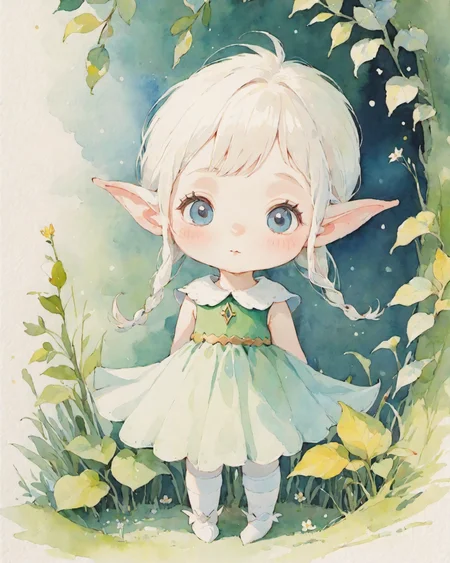illustration of a small elf, completely white picture, extremely soft colors, watercolor, by Hannah Dale,