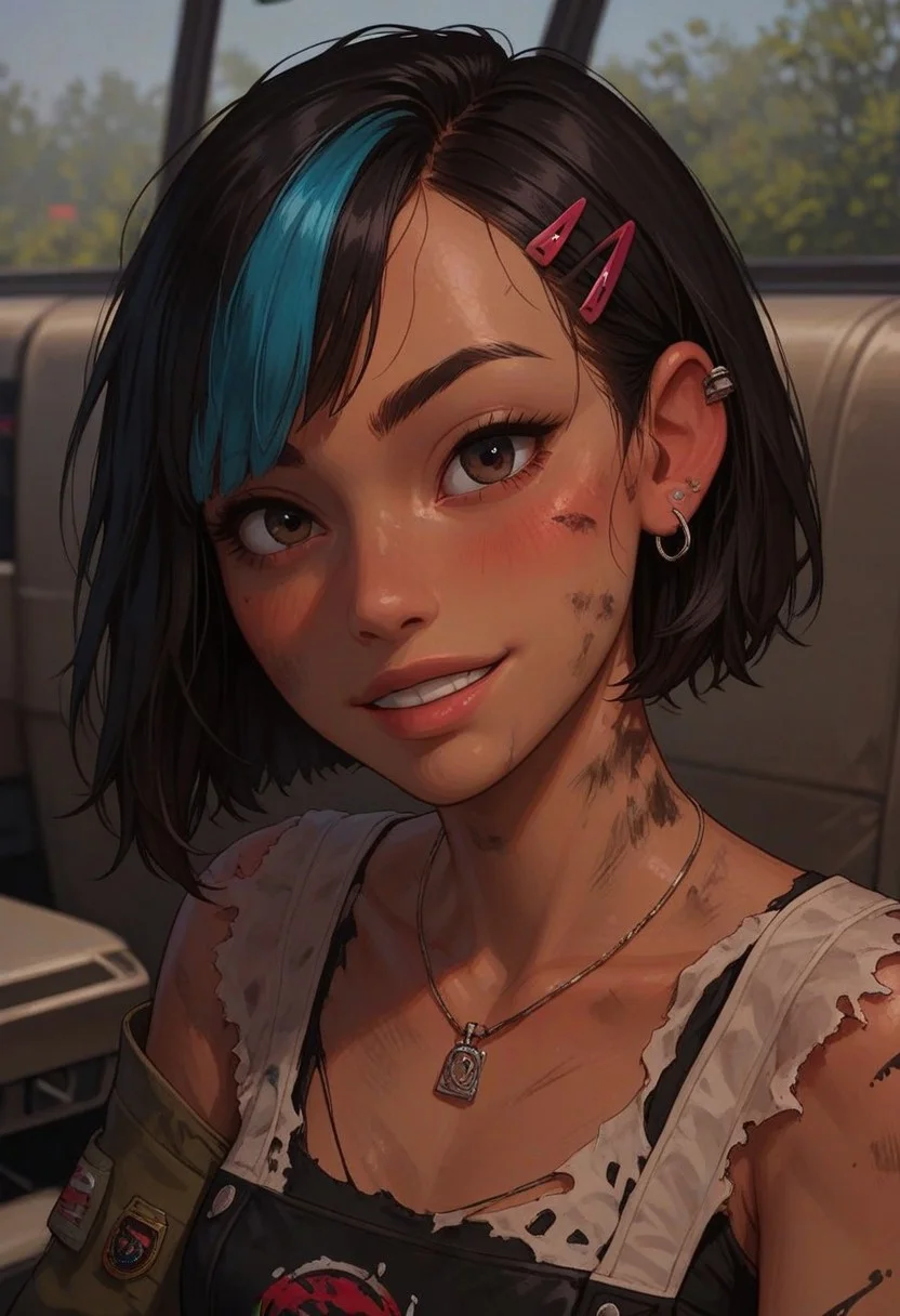 score_9, score_8_up, score_7_up, score_6_up,
1girl, 25 years old, perfect face, cute, petite, detailed face, close view,
dark eyes, (dirty face), dirty, black paint,
dark skin, Latina,
streaked hair, short hair, black hair, blue hair, asymmetrical bangs, hair ornament, hairclip, earclip, eyebrow cut,
brown top tank, torn top tank,
cars, service,
blush, shy smile, portrait, face focus,