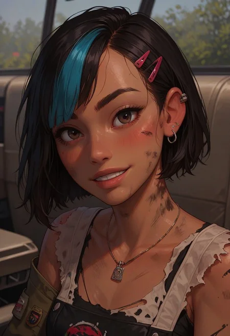 score_9, score_8_up, score_7_up, score_6_up,
1girl, 25 years old, perfect face, cute, petite, detailed face, close view,
dark eyes, (dirty face), dirty, black paint,
dark skin, Latina,
streaked hair, short hair, black hair, blue hair, asymmetrical bangs, hair ornament, hairclip, earclip, eyebrow cut,
brown top tank, torn top tank,
cars, service,
blush, shy smile, portrait, face focus,