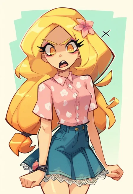 Gerph_style,
, score_9,score_8_up,score_7_up, anime_style, source_anime,
young woman, perfect small breasts, slim butt , tucked in blouse, pink flower pattern blouse, long straight blonde hair, toned body, amber eyes, long hair, midi skirt, cute, wholesome, cottagecore, denim pleated skirt, white lace petticoat, white underskirt, tucked pink shirt, low-tied long hair, makeup, thick eyeliner, annoyed, mouth open, talking, front facing
