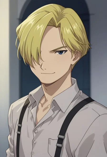 score_9, score_8_up, score_7_up, source_anime, highly detailed,
russelltringham, 1boy, solo, male focus, blonde hair, blue eyes, hair over one eye, looking at viewer, upper body, suspenders, shirt, collared shirt, pants, light smile
