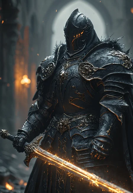 masterpiece, best quality, hyper detailed, ultra detailed, super realistic
Amid a raging storm, a shadow knight stands—a harbinger of doom and fire. His obsidian-black armor, adorned with intricate gold filigree, bears the scars of countless battles. A heavy, fur-lined cloak drapes over his broad shoulders, shrouding him in darkness. Beneath the hood, a menacing helm conceals his face, save for the fiery glow of his eyes, burning like embers from the abyss.
In his grip, a blade of molten fire seethes with raw power, its edges pulsing with infernal energy. Raindrops sizzle as they meet the heated steel, vanishing into rising steam. The storm howls around him, wind and ash swirling in his wake as if nature itself fears his presence. Behind him, the world is cloaked in shadow, the faint glow of distant destruction illuminating the battlefield.
He is more than a warrior—he is a dark sentinel, an omen of war, forged in the crucible of chaos, and destined to bring ruin to all who stand in his path.