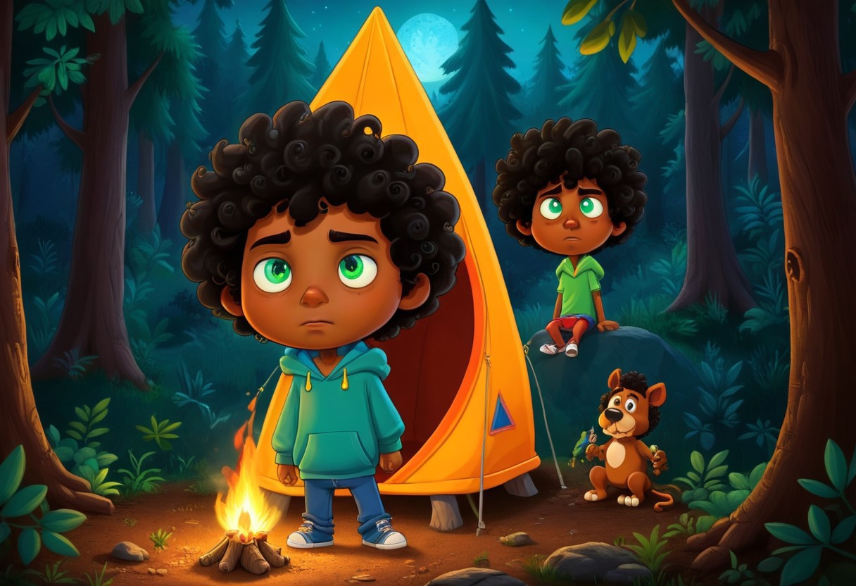 max (camp camp), cartoon theme, max (camp camp), 1boy, solo, human, male focus, curly black hair, curly tousled black hair, afro, dark skin, dark-skinned male,  large eyes, round eyes, green eyes,small nose, triangular nose, pointed nose, blue hood, blue pants,  beautiful dark forest, night , midjourneyv6.1, flux-style
