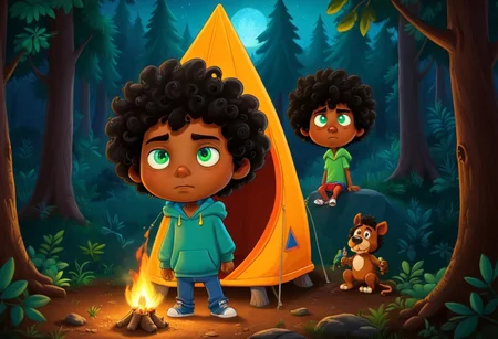 max (camp camp), cartoon theme, max (camp camp), 1boy, solo, human, male focus, curly black hair, curly tousled black hair, afro, dark skin, dark-skinned male,  large eyes, round eyes, green eyes,small nose, triangular nose, pointed nose, blue hood, blue pants,  beautiful dark forest, night , midjourneyv6.1, flux-style