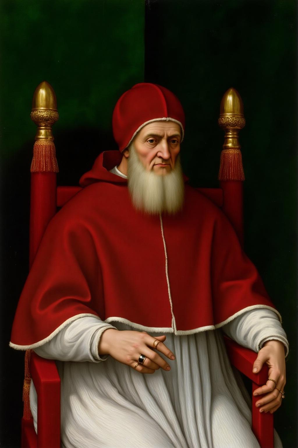 raphael1 painting. A elderly pope is seated on an ornate red throne with golden tassels, dressed in a rich red robe with a white undergarment, and has a long white beard. He is gazing downward slightly in contemplation.  The background is a velvet green.
 <lora:raphael1_cap_d6a3:1.0><lora:843637645730047743:0>