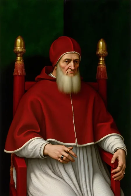 raphael1 painting. A elderly pope is seated on an ornate red throne with golden tassels, dressed in a rich red robe with a white undergarment, and has a long white beard. He is gazing downward slightly in contemplation. The background is a velvet green.
<lora:raphael1_cap_d6a3:1.0><lora:843637645730047743:0>