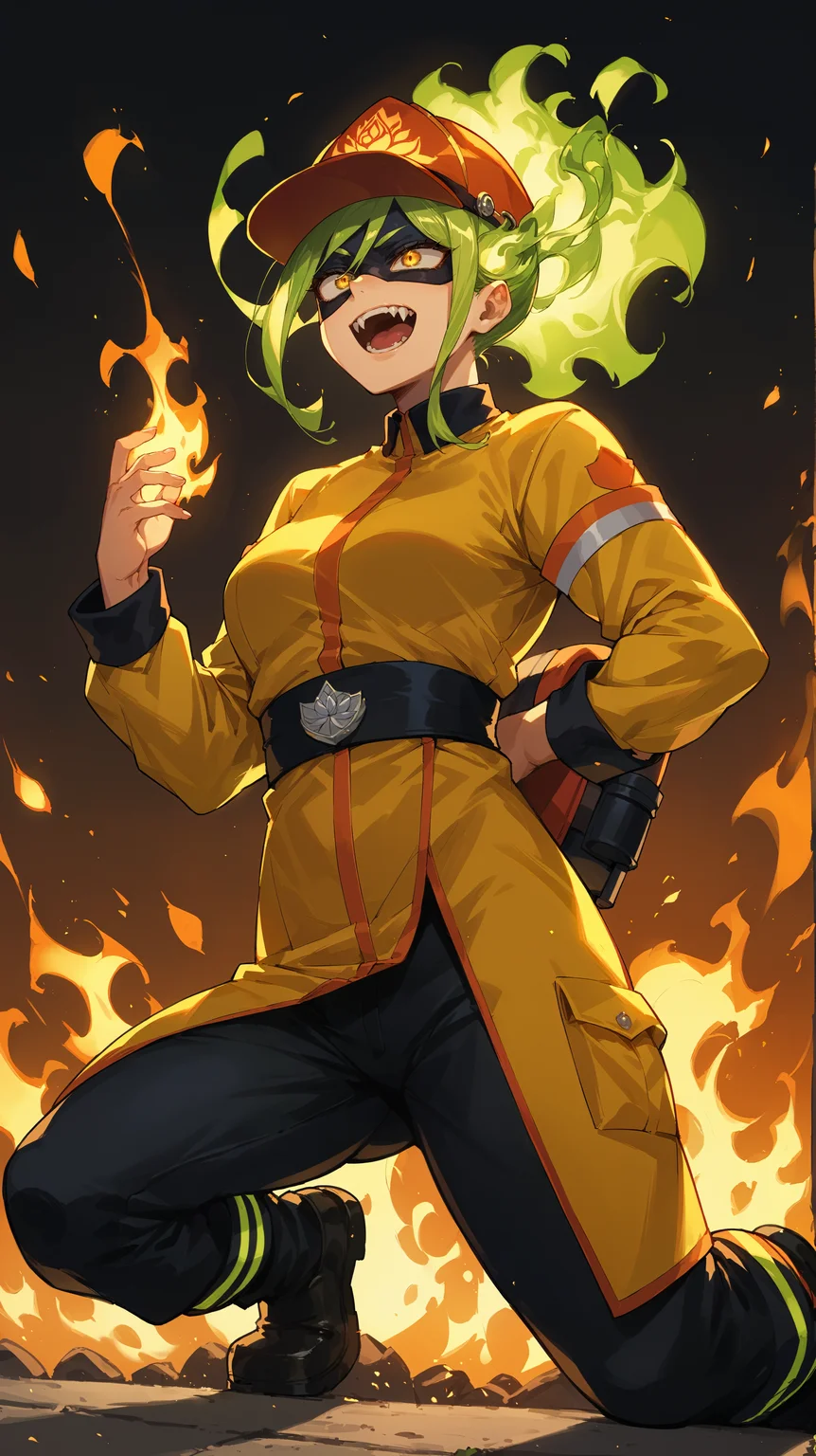 score_9,score_8_up,score_7_up,score_6_up, <lora:xl_more_art-full_v1:0.5>, source_anime, girl, dynamic pose, lotus position, <lora:Moe Kamiji (Burnin) - Pony-000004:0.8>, green hair, fiery hair, yellow eyes, black mask, domino mask, fangs, firefighter, firefighter jacket, surrounded by fire, flames, yellow firefighter outfit,