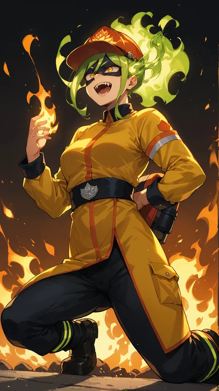 score_9,score_8_up,score_7_up,score_6_up, <lora:xl_more_art-full_v1:0.5>, source_anime, girl, dynamic pose, lotus position, <lora:Moe Kamiji (Burnin) - Pony-000004:0.8>, green hair, fiery hair, yellow eyes, black mask, domino mask, fangs, firefighter, firefighter jacket, surrounded by fire, flames, yellow firefighter outfit,