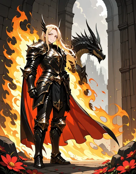 masterpieces, best quality, highres,
adult girl, gold eyes, dargon eyes, smile face, highly detailed illustration of a knight, long blonde hair, dark armor, mcnm, fire aura, flames, fantasy, adventure, red flower, dragon, foggy, full body shot, standing, facing to viewer
<lora:hinaIllustriousArmorMix_v1-rev1:0.7>