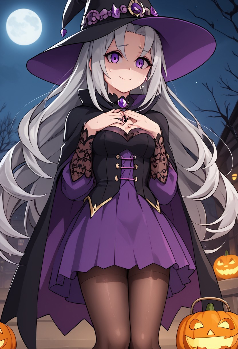 score_4,score_5,score_6,score_7_up,score_8_up,score_9
((masterpiece,best quality,ultra detailed,highres,HD,4k:1.2)),
1girl,solo,grey hair,long hair,Forehead,parted bangs,purple eyes,Droopy eyes,shaded face, 
Halloween, Halloween costume, witch outfit, witch hat, witch dress, tights, knee-highs, black cloak,
shy smile,A wry smile, a troubled smile,sweat,