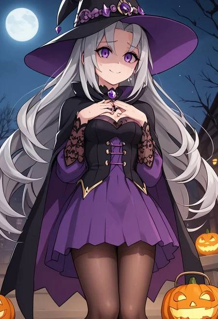 score_4,score_5,score_6,score_7_up,score_8_up,score_9
((masterpiece,best quality,ultra detailed,highres,HD,4k:1.2)),
1girl,solo,grey hair,long hair,Forehead,parted bangs,purple eyes,Droopy eyes,shaded face,
Halloween, Halloween costume, witch outfit, witch hat, witch dress, tights, knee-highs, black cloak,
shy smile,A wry smile, a troubled smile,sweat,