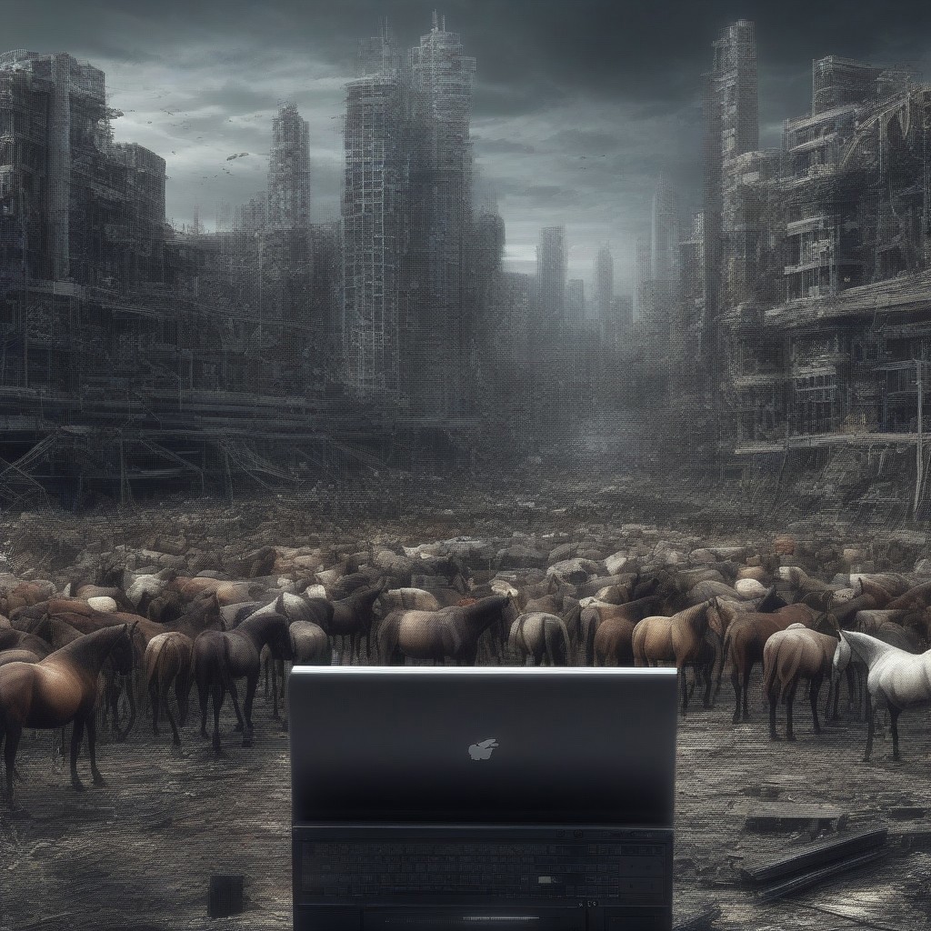 A cityscape of dead horses codeandigital, c0dean0igital, on the back of a computer