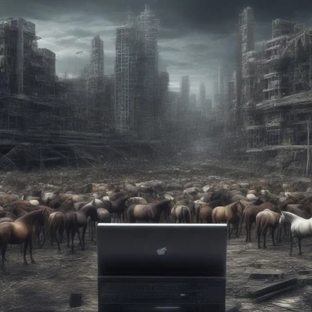 A cityscape of dead horses codeandigital, c0dean0igital, on the back of a computer