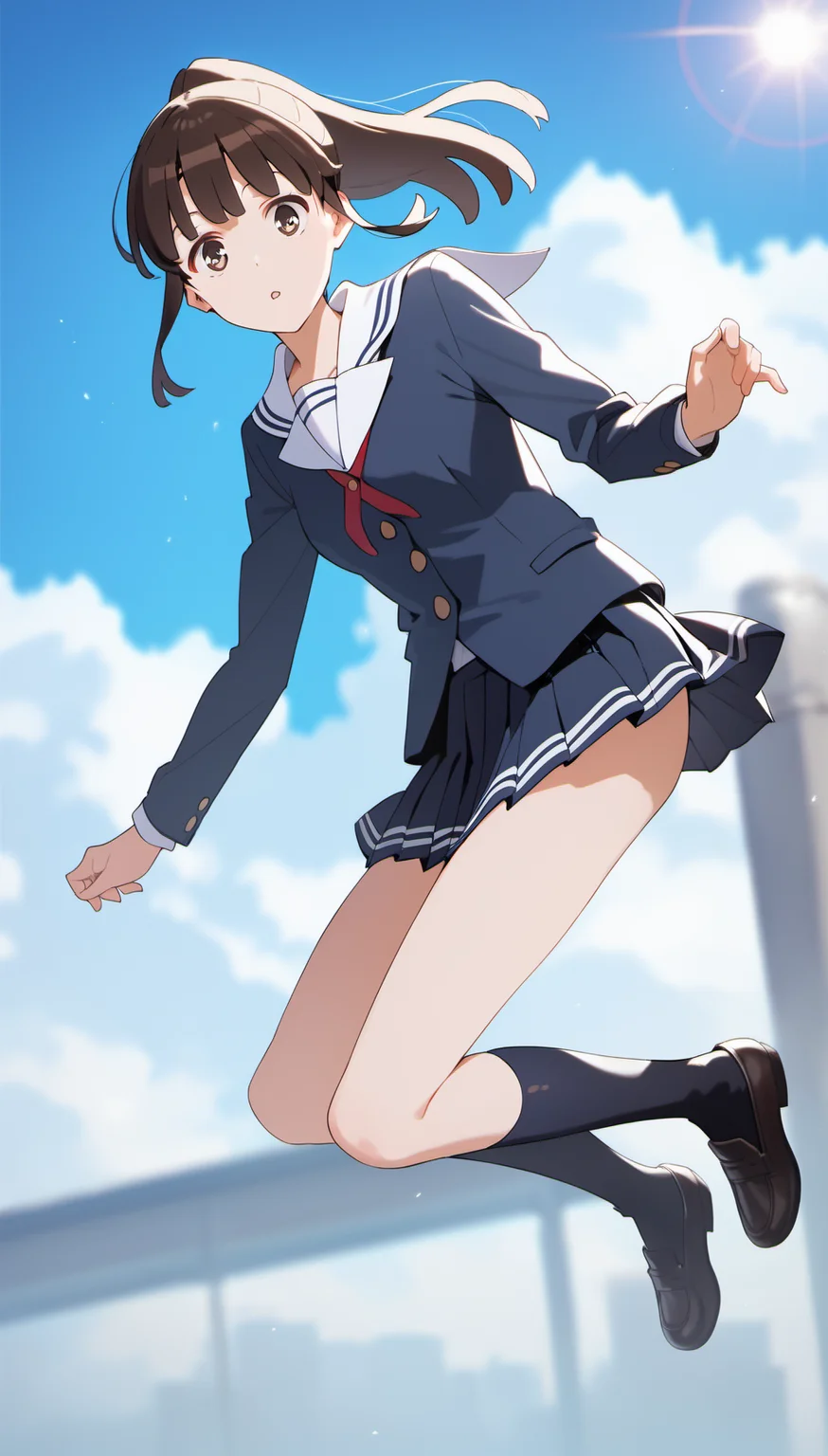 score_9,score_8_up,score_7_up,
<lora:megumikato:0.9>,
katomegumi,
1girl,solo,black hair,bangs,ponytail,brown eyes,looking at viewer,parted lips,blue school uniform,long sleeves,pleated skirt,blue kneehighs,brown leather shoes,full body,jumping,in air,dynamic pose,
blurry background,bloom,outdoors,blue sky,cloud,light particles,lens flare,