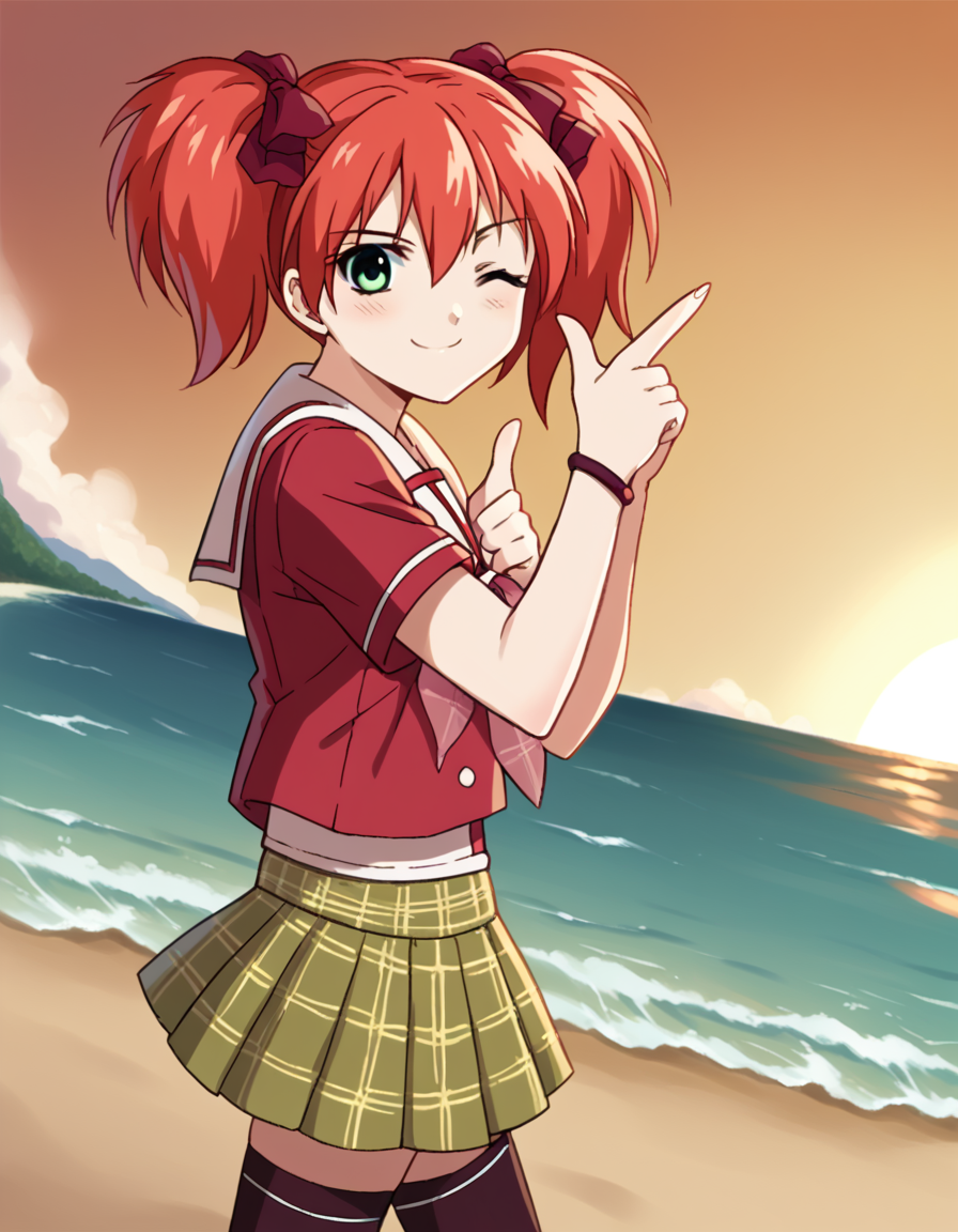 score_9, score_8_up, score_7_up, source_anime, <lora:kokoa-shuzen-s2-ponyxl-lora-nochekaiser:1>, kokoa shuzen, twintails, green eyes, red hair, hair bow, short hair,, skirt, thighhighs, school uniform, black thighhighs, plaid, serafuku, red shirt, short sleeves,, beach, sunset, walking along shore, footprints in sand, waves, peaceful, smile, <lora:double-finger-gun-ponyxl-lora-nochekaiser:1>, double finger gun,, blush, smile, one eye closed, from side, looking at viewer, solo,, dutch angle, cowboy shot