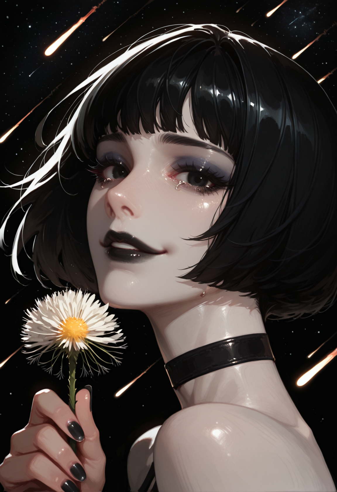 1girl, solo, black lips, black nails, black hair, , , looking at viewer, short hair, holding, makeup, flower, black eyes, eyelashes, nail polish, , portrait, choker, dandelion, bob cut, fingernails, h pale skin, parted lips, lipstick, eyeshadow, black choker, white flower,  , close-up
very close-up, black background, horizon, meteor shower ,night sky,  starry sky, from side, single tear, sad smile,, masterwork, masterpiece, best quality, , dynamic pose,,  dynamic angle, , , (realistic:1.2), (lineless:1.2), detailed, <lora:Detailer_NoobAI_Incrs_v1:0.75>, , aged up, adult, depth of field, , blurry, cheekbones, dynamic lighting