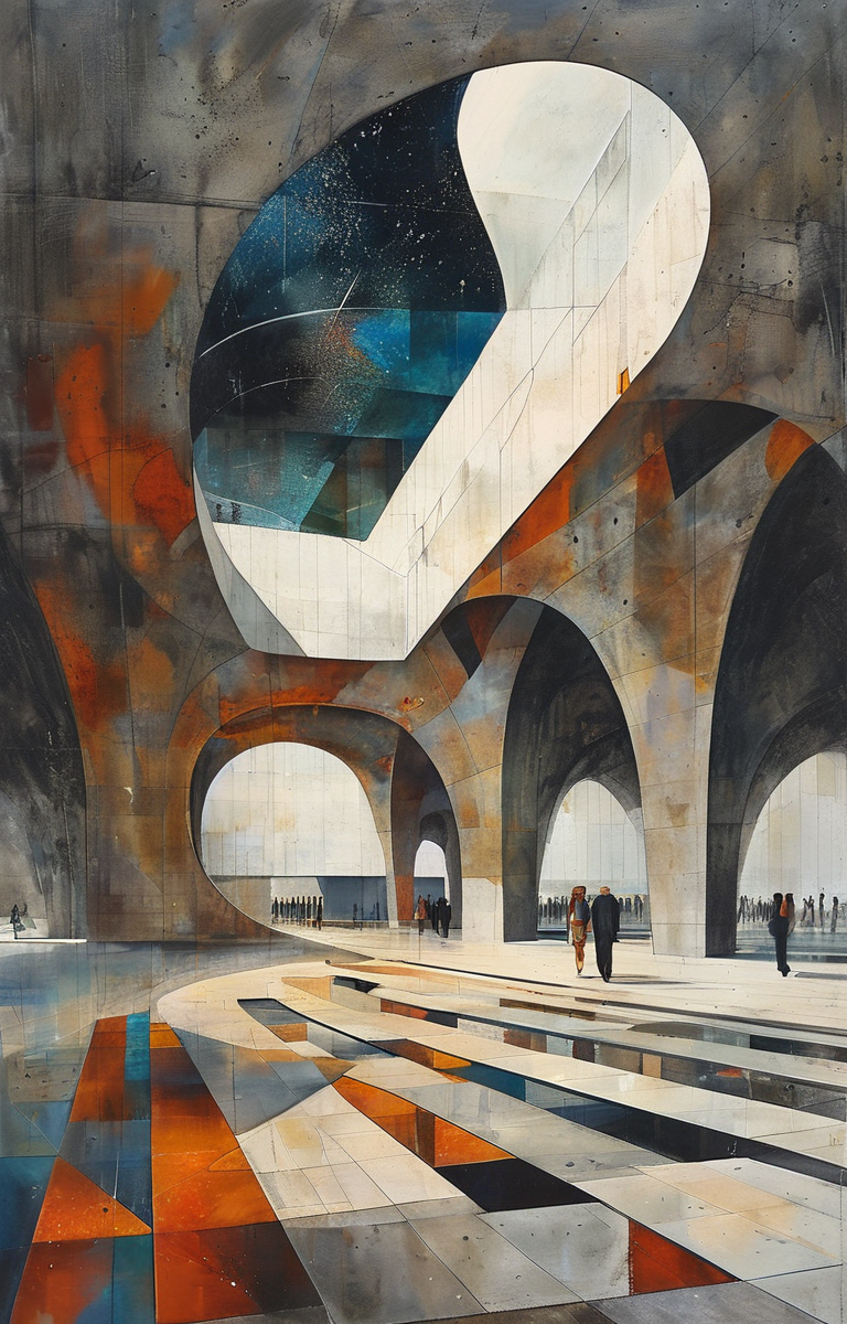 masterpiece,best quality,<lora:tbh304-sdxl:0.9>,illustration,designed by Norman Foster Brutalist concrete university campus with geometric shapes and exposed materials