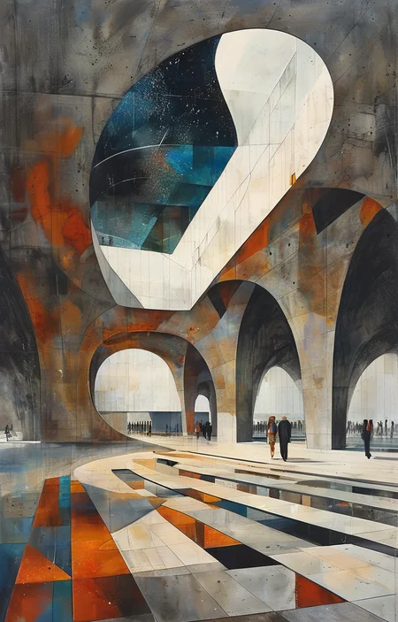 masterpiece,best quality,<lora:tbh304-sdxl:0.9>,illustration,designed by Norman Foster Brutalist concrete university campus with geometric shapes and exposed materials