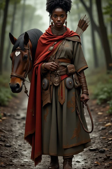 A photo-realistic shoot from a front camera angle about a young woman dressed in traditional clothing stands confidently beside a horse in a forest setting, holding a bow and arrow. on the middle of the image, a 20-year-old dark-skinned woman with an afro hairstyle appears to be standing, looking directly at the viewer with a serious expression. she is wearing a long, flowing dress with intricate gold embroidery and a red shawl draped over her shoulders. her hair is styled in an intricate updo, and she is adorned with jewelry including earrings, a necklace, and a sword. on her right side, a brown horse with a black mane and a white heart-shaped mark is standing beside her. the background is blurred, with trees and greenery, and the lighting is soft and natural, creating a serene atmosphere.

A full body portrait, standing pose, photorealistic, African, fantasy, woman, archer, D&D character, full body portrait, photorealistic, draped cloak, bow, Greg Rutkowski visual style, belt, pouches, cinematic portrait, bun hair, dark skin, detailed, curly hair, horse, wilderness, forest, muddy road, worn boots, styled ornaments, tribal clothing, detailed clothing textures, depth of view, natural sunlight, elegant tribal jewelry, earrings, beaded necklaces, broche or pendant, D&D, fantasy superhero, rogue