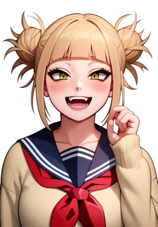 <lora:himiko_toga:0.8>, (masterpiece, best quality,perfect lighting), himiko_toga, 1girl, solo, looking at viewer, blush, smile, short hair, open mouth, simple background, long sleeves, white background, school uniform, collarbone, upper body, :d, teeth, sailor collar, neckerchief, v, fangs, cardigan, blue sailor collar, red neckerchief