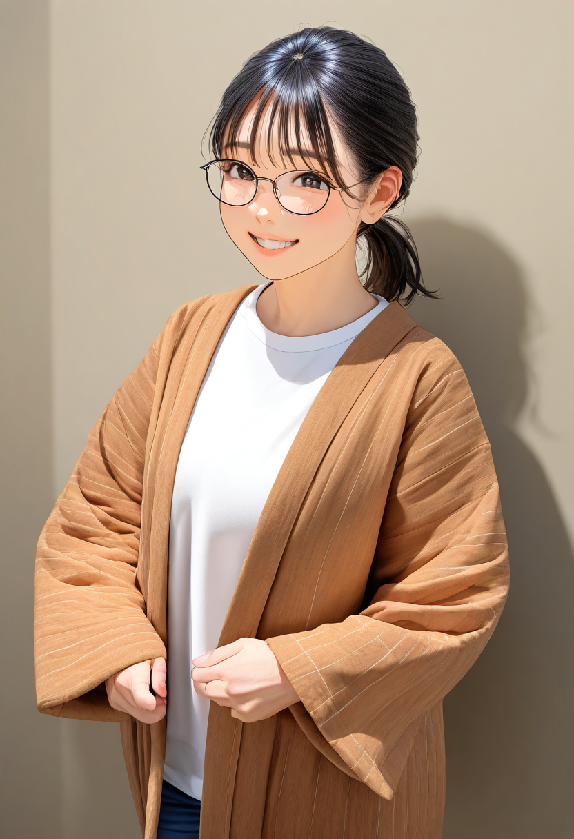 hanten, 1girl, solo, glasses, black hair, ponytail, white shirt, jeans, denim, standing, long sleeves, blue pants
, happy, smile, looking at viewer, upper body,
masterpiece, best quality, amazing quality, very aesthetic, absurdres,
 <lora:Clothing_hanten_illustrious_V1L_DIM4:0.8>