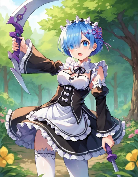 score_9, score_8_up, score_7_up, source_anime,
rezerorem, <lora:rezero-rem-ponyxl-lora-nochekaiser:1>,
rem, blue eyes, blue hair, hair ornament, hair over one eye, hair ribbon, short hair, x hair ornament,
apron, black ribbon, black skirt, black sleeves, detached collar, detached sleeves, flower, frilled apron, frilled skirt, frills, head wreath, long sleeves, maid, miniskirt, neck ribbon, purple ribbon, ribbon, ribbon trim, ribbon-trimmed sleeves, roswaal mansion maid uniform, short hair, skirt, thighhighs, waist apron, white apron, white thighhighs,
outdoors, nature, forest, fighting stance, weapon, holding weapon, horn, angry, anger vein, chain, ball and chain (weapon\),
looking at viewer, dutch angle, cowboy shot,