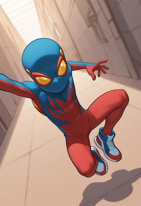 1boy, male focus, cute boy, BaileyBriggs, Mask, Yellow Eyes, Spiderboy Costume, Two-tone Bodysuit, Red Bodysuit, Blue Bodysuit, Red Blue Sneakers, cinematic, intricately detailed illustration, depth of field, masterpiece, best quality, amazing quality, very aesthetic, absurdres, newest, very awa, shadow, dynamic angle, casual cosplay, dynamic pose,  action pose,