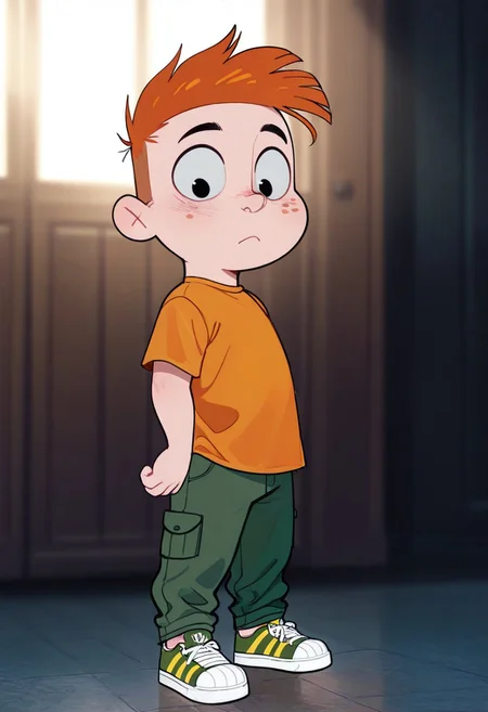 masterpiece, best quality, amazing quality, very aesthetic, absurdres, newest, volumetric lighting,
cinematic, intricately detailed illustration, depth of field, masterpiece, best quality, amazing quality, very aesthetic, absurdres, newest, 1boy, male focus, cute boy, solo, Adam Lyon, Black Eyes, Orange Hair, Freckles, Orange Shirt, Green Pants, Red and Yellow Striped Shoes, 15546+456868