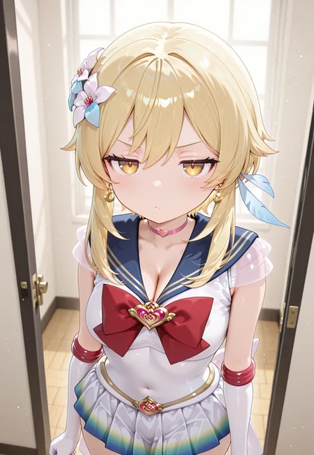 masterpiece,extremely detailed,best quality,amazing quality,newest,absurdres,highres, 1girl, solo, lumine_\(genshin_impact\) ,blonde hair, cleavage, hair flower, hair ornament, bssmsup3r0utfit, sailor senshi uniform, crescent earrings, blue sailor collar, red bowtie, white elbow gloves, (heartchoker:1.2), heartbrooch, huge white back bow, pleated skirt, multicolored miniskirt, jitome,flat mouth BREAK Composition from a 45 degree angle