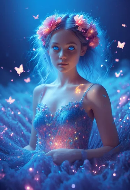 (8k analog photo,magical landscape:1.2),
An enchanting faerie in a blooming meadow, Looking at viewer, Blue eyes, surrounded by butterflies and colorful flowers. Her dress is made of petals and her hair glows with magical lights, creating a whimsical and vibrant scene.
<lora:Bio-Luminescence:1> bioluminescent
