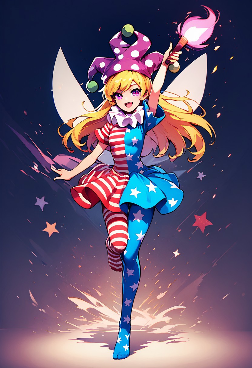 score_9, score_8_up, score_8, medium breasts, (curvy), zzClwnpc, looking at viewer, smile, open mouth, hat, dress, holding, purple eyes, full body, short sleeves, pantyhose, wings, striped, pink eyes, star (symbol), arm up, v, no shoes, fire, polka dot, fairy wings, star print, striped dress, jester cap, danmaku, striped pantyhose, american flag legwear, american flag dress, neck ruff, torch, abstract background, magic, spellcraft, energy beam, 
zPDXL, Expressiveh