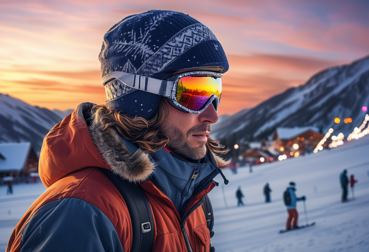 award winning, (professional photo) of (long shot ) of lone skier enjoying a winter festival, detailed face, located in a winter scene at a wintry mountain during sunset with windy weather, illuminated by festive holiday lights, creating a serene peaceful atmosphere, , creative, beautiful, vibrant, masterpiece, 64k, UHD, HDR, full view, atmospheric lighting, extremely detailed