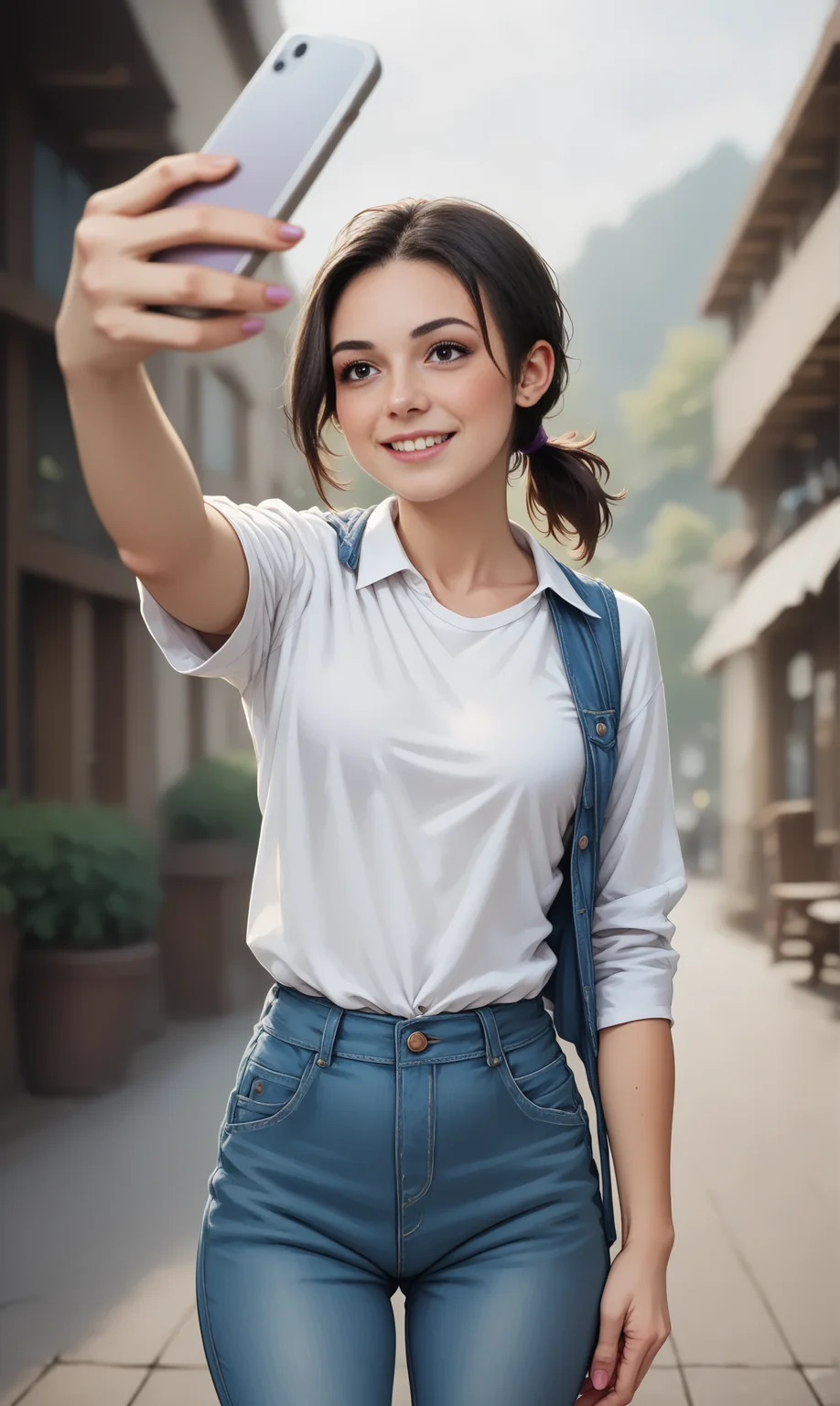 score_9, score_8_up, score_7_up, BREAK, TkSelf, (slim female) standing in pub and taking a selfie. The female wears purple hot-pants and top, short brunette ponytail <lora:TakeSelfiePony:1>