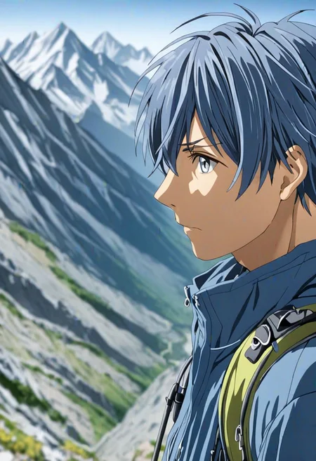 high resolution, solo, best quality, 1Boy, Tomoya Okazaki, Grey Blue Hair, landscape, looking away, high mountain, hiking gear, shallow depth of field, OverallDetail
