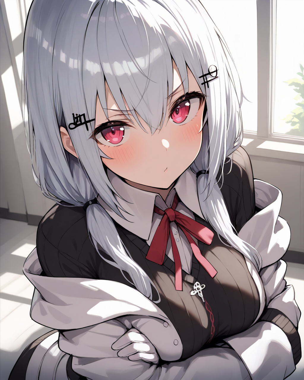 1girl,
HakaseFuyukiNijisanji,
safe, solo, upper body,
hairclip,
beautiful eyes,
looking at viewer,
v-shaped eyebrows,
doyagao,
leaning back,
white jacket, off shoulder,
black sweater, collared shirt,
neck ribbon,
arms under breasts, white gloves,
soft lighting,
depth of field,
<lora:kp_HakaseFuyukiNijisanji1stCostumeAnimagineXL_v1_1:1.0>,
masterpiece, high score, great score, absurdres