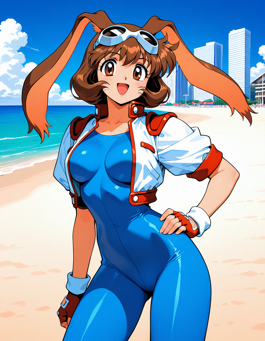 masterpiece, best quality, good quality, <lora:Makihara_Arina_IS:1>Makihara_Arina, brown hair, animal ears, goggles on head, rabbit ears, brown eyes,   medium breasts,
1girl, solo, cropped jacket, gloves, fingerless gloves, smile, hand on hip,
open mouth, blue bodysuit, 1990s (style), bodysuit, jacket, 
looking at viewer, :d, cowboy shot
blue sky, beach, building, clouds,