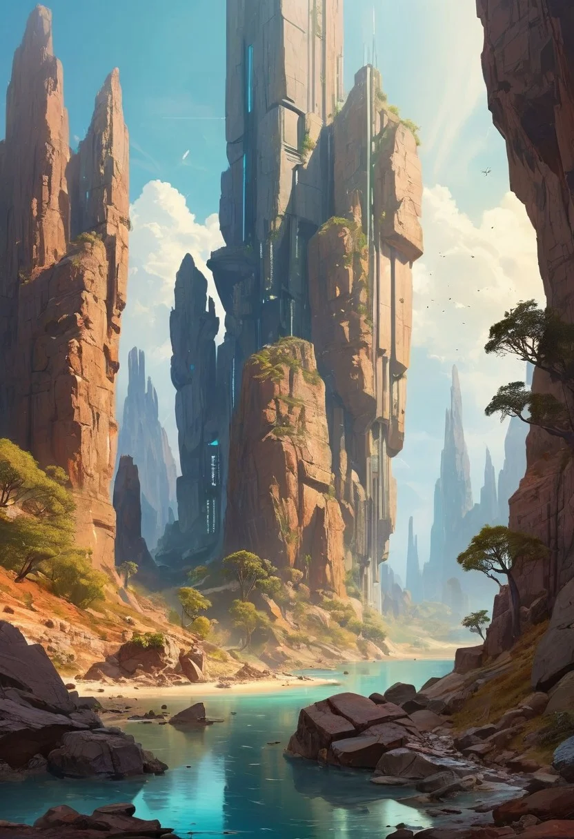 futuristic architecture, rocky landscape, dream scenery art, digital painting
