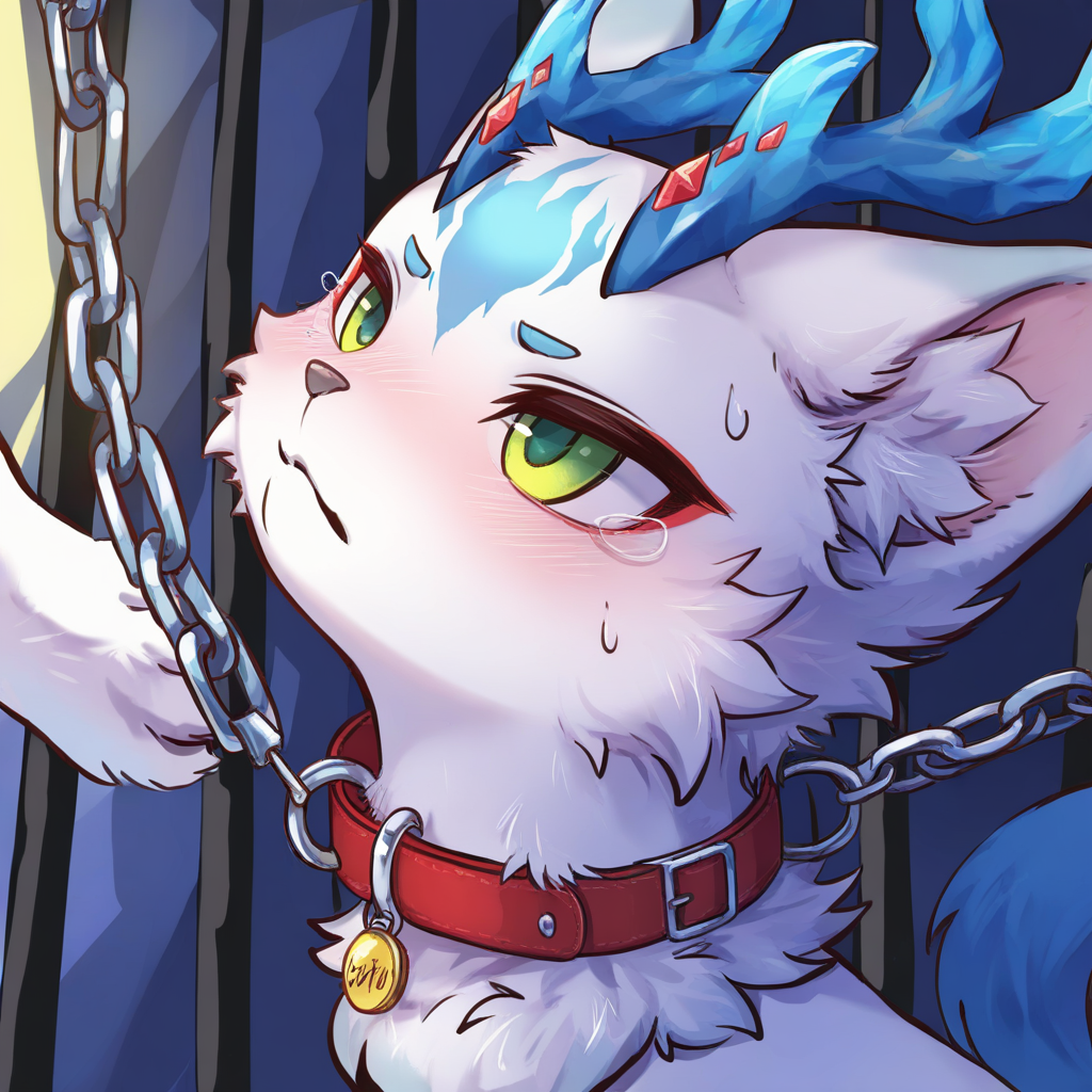 (masterpiece, best quality:1.1), fantasy kinoko, <lora:N11_KinokoV2_22_1206:0.7>, solo, cage, animal collar, captured