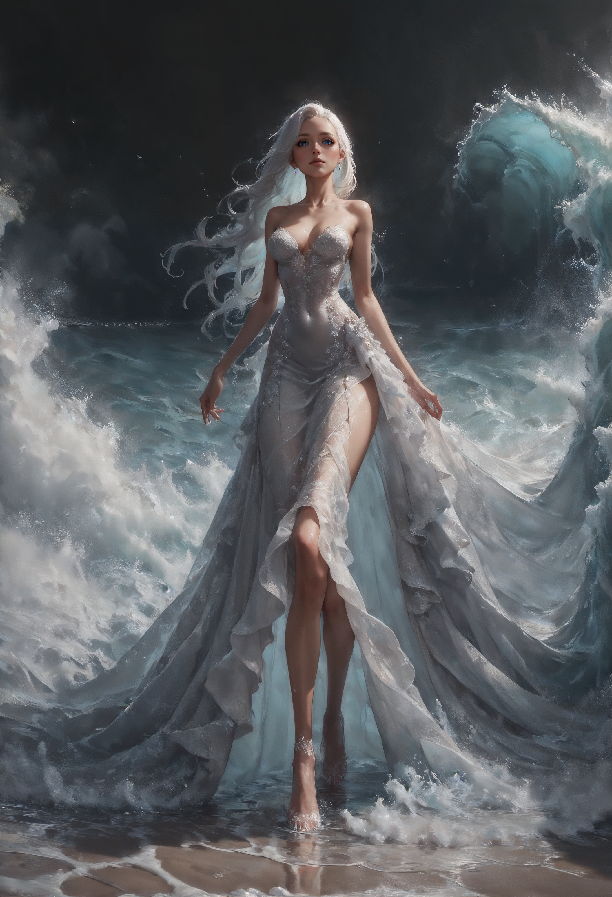 score_9, score_8_up, score_7_up,  embedding:zPDXL, shiny, sparkling, 1girl, elegant, black background, long hair, white hair, looking at viewer,    <lora:Concept Art Twilight Style SDXL_LoRA_Pony Diffusion V6 XL:0.8>  <lora:Expressive_H-000001:0.8> expressiveh,  <lora:0c34nXLP:0.6> 0c34n, waves, dress, ocean, blue dress, water,  <lora:sinfully_stylish_SDXL>