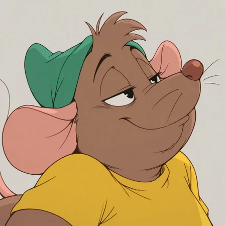 masterpiece, best quality, amazing quality, gusgus, male, furry male, solo, anthro, mouse, brown fur, short hair, black eyes, brown nose, whiskers, buck teeth, tail, chubby, green hat, yellow shirt, smug, close-up, portrait, grey background