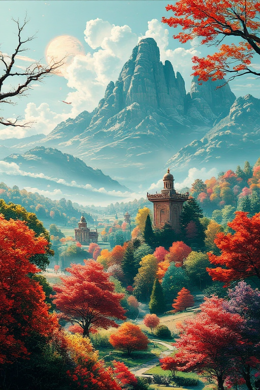 The gorgeous oil painting designed by AI show a palace-level design sense and are pleasing to the eye. The design color is mainly green red purple like spring landscape with early morning sunlight. Midjourney_Whisper