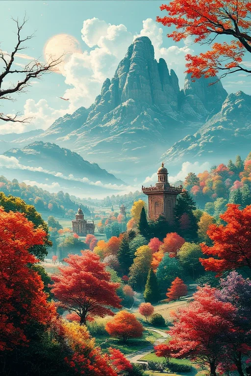 The gorgeous oil painting designed by AI show a palace-level design sense and are pleasing to the eye. The design color is mainly green red purple like spring landscape with early morning sunlight. Midjourney_Whisper
